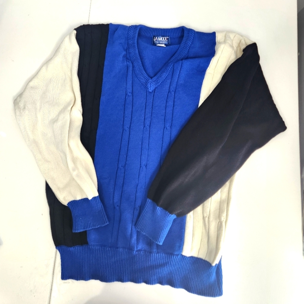La Mode V-Neck Cotton Sweater Size Large Men's Cotton Vintage Cable Knit Blue